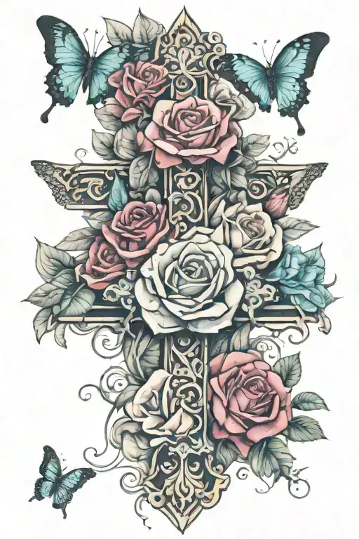 A cross with roses and butterflies tattoo design idea