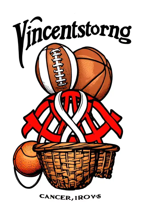 "Vincentstorng" cancer sign with a football, soccor ball and a basket ball tattoo design idea