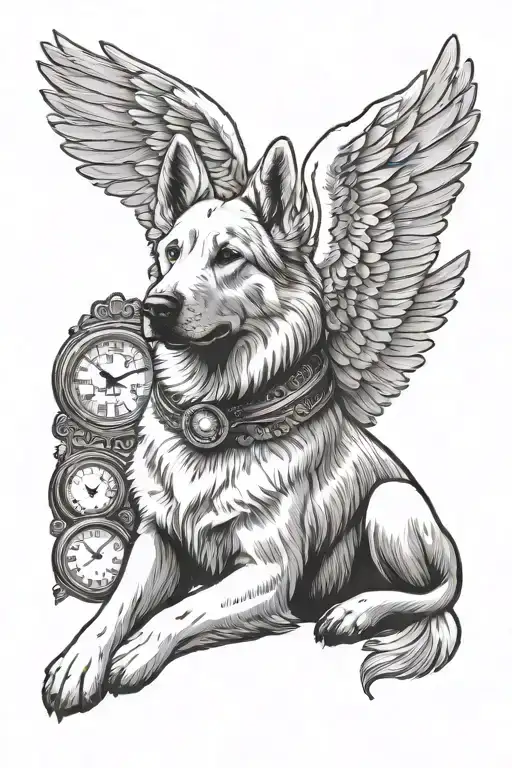 white German Shepherd dog with wings and clock tattoo design idea