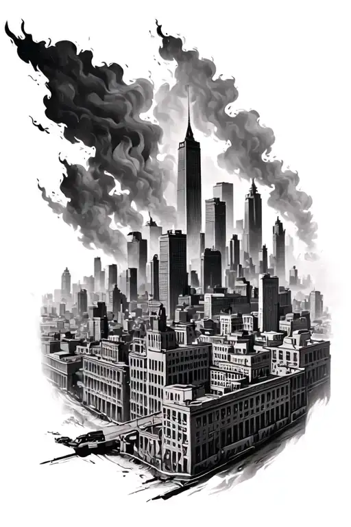 realistic city thats burning tattoo design idea