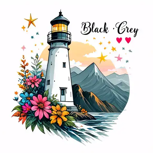 Small realistic Lighthouse tattoo White surrounded by tall colorful flowers and mountains Stars and Hearts with the word tattoo design idea