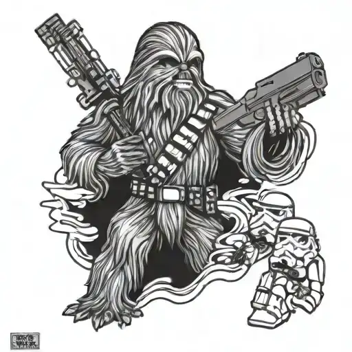 star wars chewbacca holding ligtsaber and figting imperial stormtroopers tattoo design idea