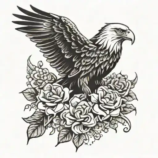 A tattoo design featuring a majestic eagle perched on a blooming flower, with subtle crossword puzzle elements intertwined in the background tattoo design idea