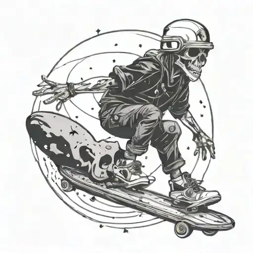 Skull wearing a cap, skateboarding in outer space where the stars are musical notes tattoo design idea