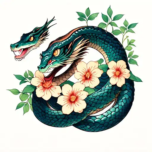 japanese snake with flowers ob Leg and arm tattoo design idea