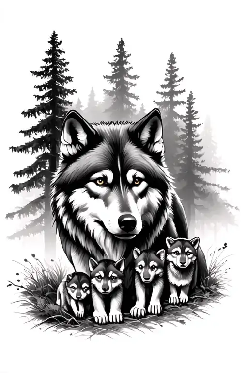 bicep sleeve greyscale, forest trees with adult male wolf and his 2 cubs tattoo design idea