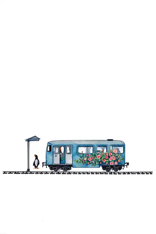 A train coming down the track coming out of a bus shelter with a penguin looking out the window and a rose bush  tattoo design idea