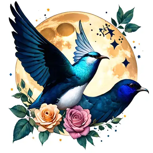 Honey cycles, roses roses swallow swallow moon. stars  tattoo design idea