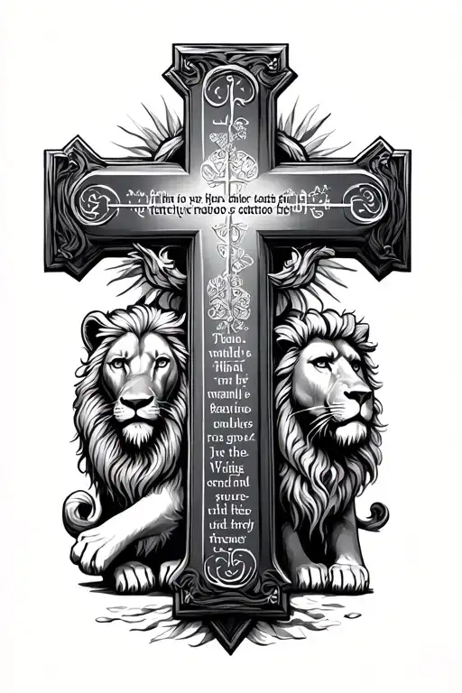 christian orthodox cross with lion and bible scripture tattoo design idea