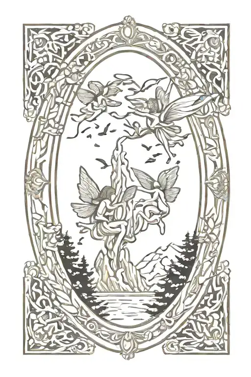 oval renaissance style gold frame with fairies flying, a forest, a lake, and waterfall inside tattoo design idea