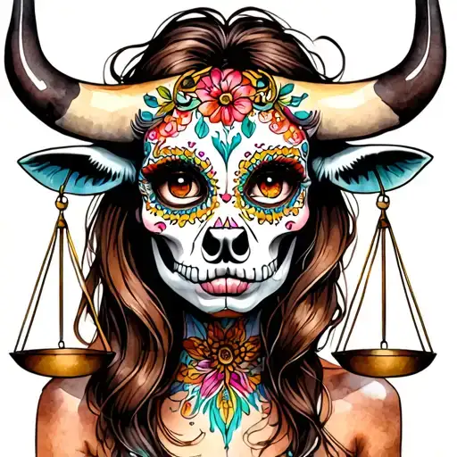 woman bull with sugar skull markings, brown eyes, brown hair and two Libra scales.  tattoo design idea