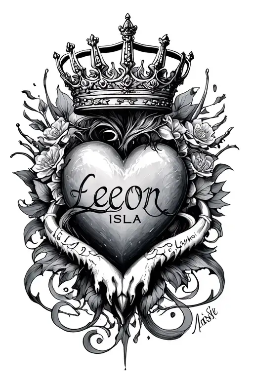 "Leon, Isla" full sleeve, erotic, heart, crown surrounded tattoo design idea