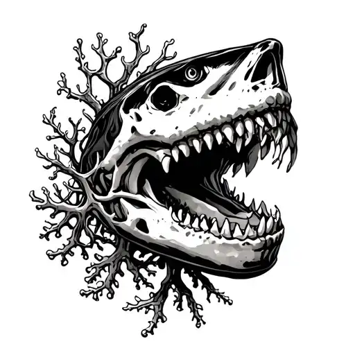 skeleton shark jaw no face just jaw and teeth with coral and seaweed  tattoo design idea