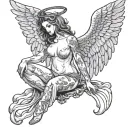 Sexy Angel, pale skin, Big breasts, Wide Hips, Angel wings, Halo, G-String, Revealing bra, Sexual, Bloody, Seductive. tattoo design idea