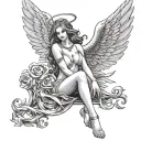 Sexy Angel, pale skin, Big breasts, Wide Hips, Angel wings, Halo, G-String, Revealing bra, Sexual, Bloody, Seductive. tattoo design idea