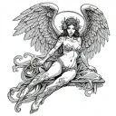 Sexy Angel, pale skin, Big breasts, Wide Hips, Angel wings, Halo, G-String, Revealing bra, Sexual, Bloody, Seductive. tattoo design idea