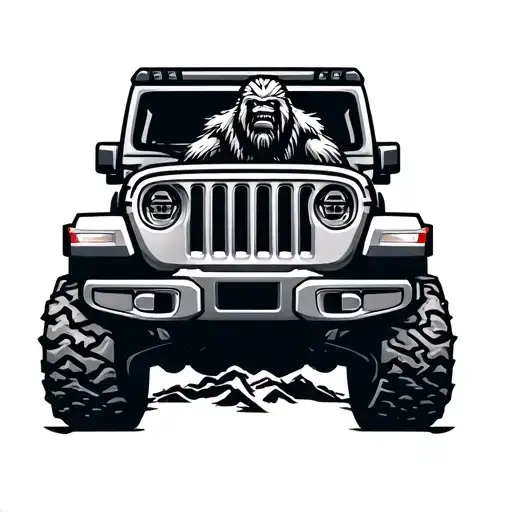 Sasquatch in the middle of a jeep grill logo for business  tattoo design idea