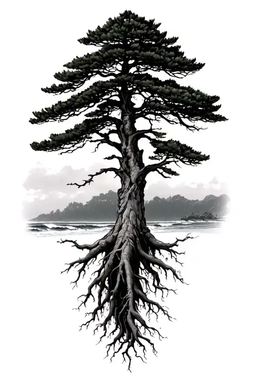 Pebble beach Cypress tree with family names in the roots reaching deep tattoo design idea