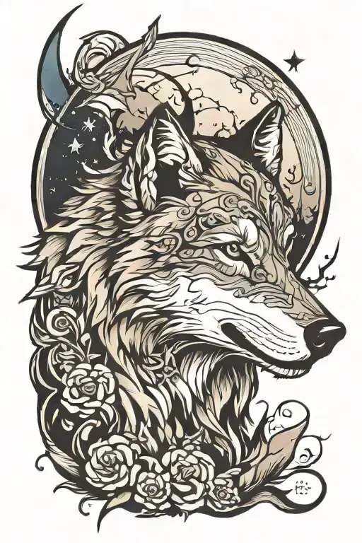 wolf and moon tattoo design idea