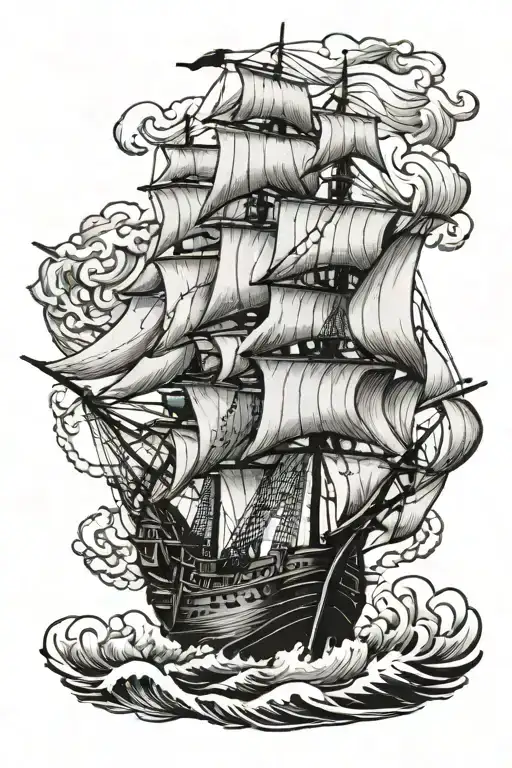 Galleon Ship bow 3/4  rough sea waves tattoo design idea