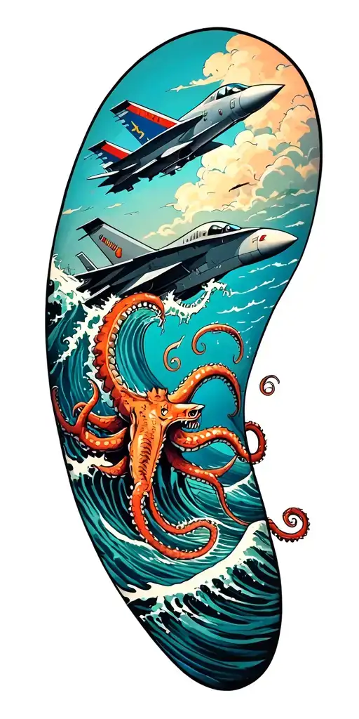 Nautical sleeve with an F-18 on the shoulder above the waves with a kraken underwater tattoo design idea