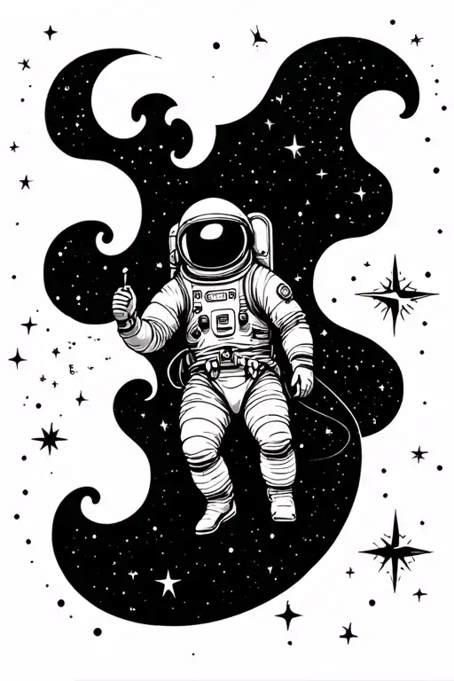 astronaut floating in space with a wave of starts with a compass  tattoo design idea