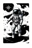 astronaut floating in space with a wave of starts with a compass  tattoo design idea