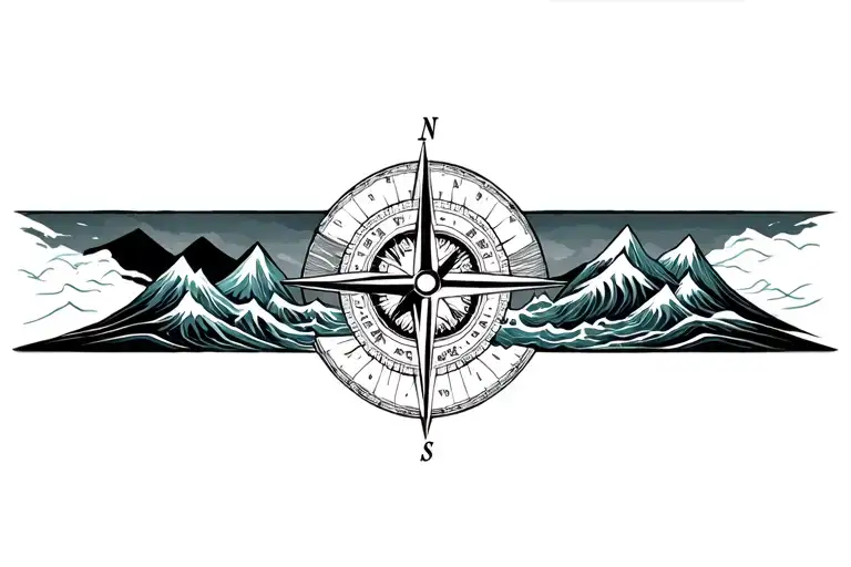 large compass with long north point surrounded by intricate geometric moutains and waves. grayscale.  tattoo design idea