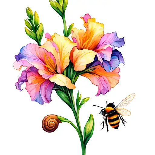 gladiolus flower with a bumble bee and a snail tattoo design idea