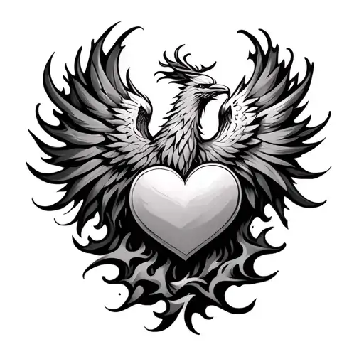 A heart-shaped phoenix rising from flames, symbolizing recovery and rebirth. tattoo design idea