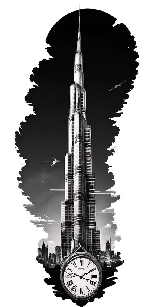 Burj Khalifa, big ben clock face tattoo design idea