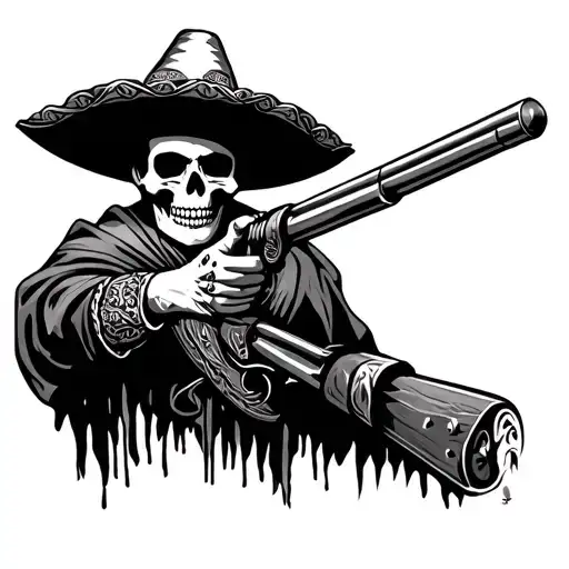 mariachi skull in poncho aiming a long barrel gun tattoo design idea
