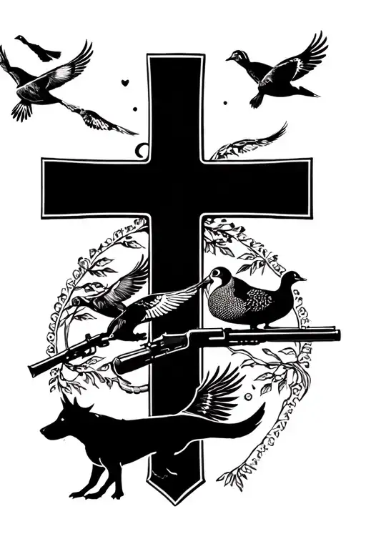 cross, ducks and pheasants flying over with a dog looking, add guns with ammo tattoo design idea