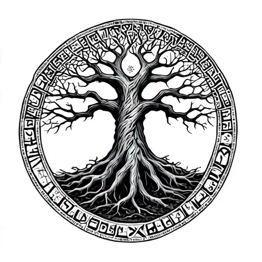 Yggdrasil, the World Tree, intertwined with Nordic runes representing resilience and growth tattoo design idea