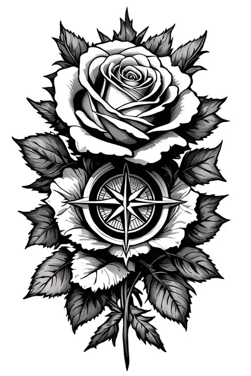rose with a compass and eight pointed star tattoo design idea