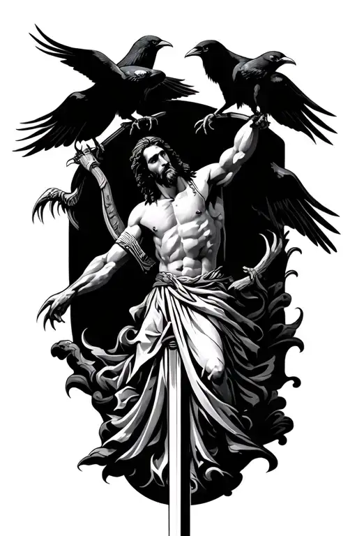 jesus on a sword with crows perched and flying with claws no background tattoo design idea
