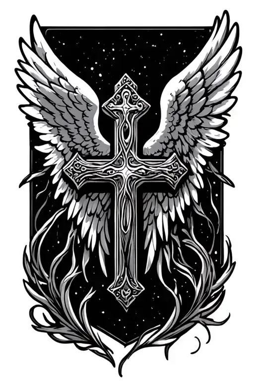 cross surrounded with angel wings tattoo design idea