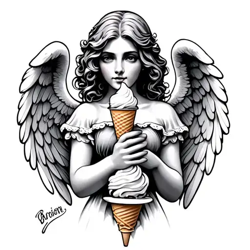 banana ice cream angel holding tattoo design idea