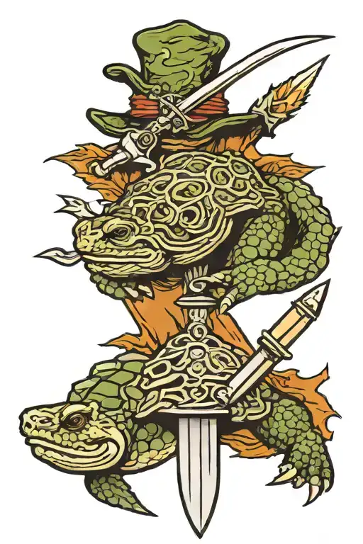 snapping turtle head and dagger going through vertically tattoo design idea
