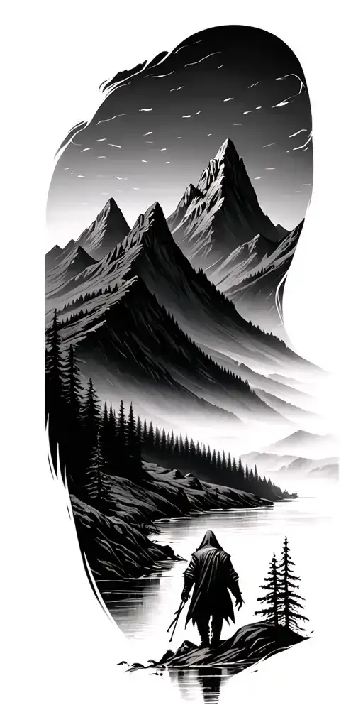 forest with river flowing and mountain range silhouette with a reaper walking through valley tattoo design idea