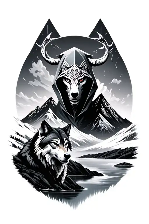 hooded oni mask above snow capped mountains, wolf along river, fade from realism to geometric tattoo design idea