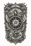 compass layered behind a clock representing the course for life over time. Overlapping is a Phoenix rising uo tattoo design idea