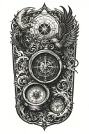 compass layered behind a clock representing the course for life over time. Overlapping is a Phoenix rising uo tattoo design idea