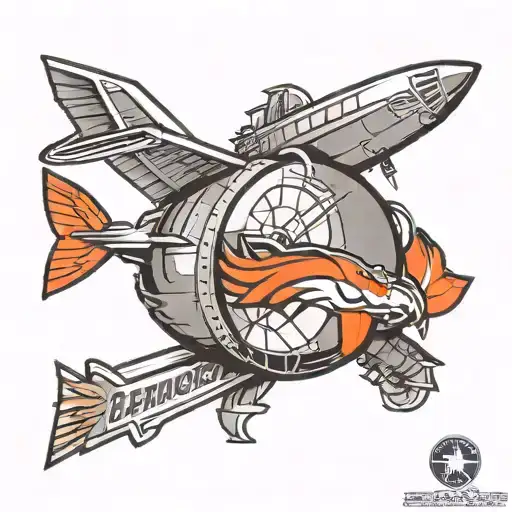 A traditional style tattoo of an aviation bomb with a colorful Denver Broncos theme, representing the client's occupation and favorite football team tattoo design idea