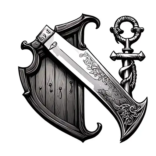 + butcher knife + dog print + marine anchor + coffin + door. tattoo design idea