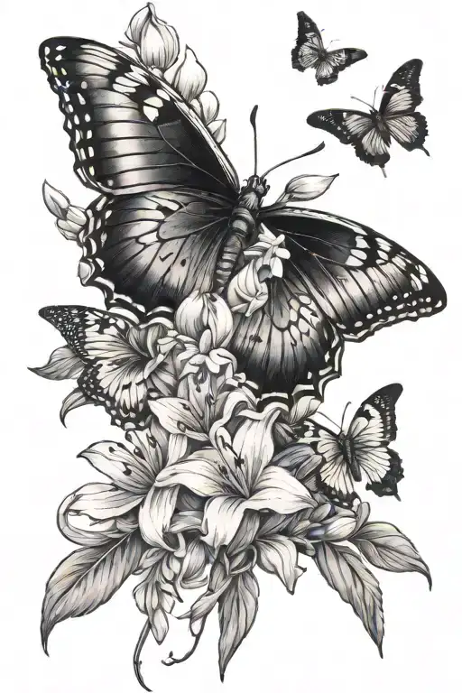 Hawthorn and gladiolus flower bouquet with 3D  butterfly  tattoo design idea