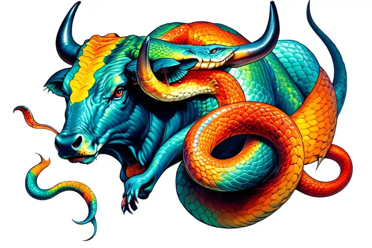 snake and bull charging tattoo design idea