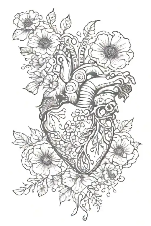 abstract design human heart, poppies, anemones, mushrooms, music, love and the letters J and C tattoo design idea