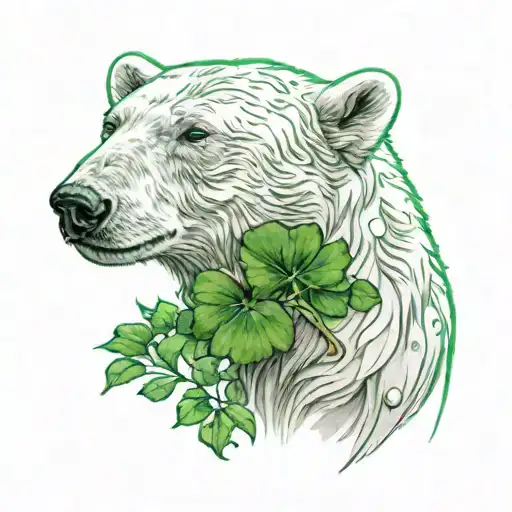 Serene polar bear head slight profile angle, backdrop is a green shamrock that fades at the bottom tattoo design idea