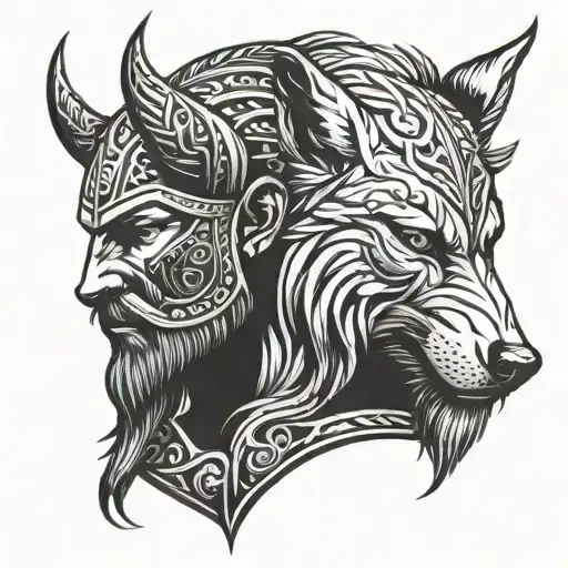 viking head with wolf standing tattoo design idea